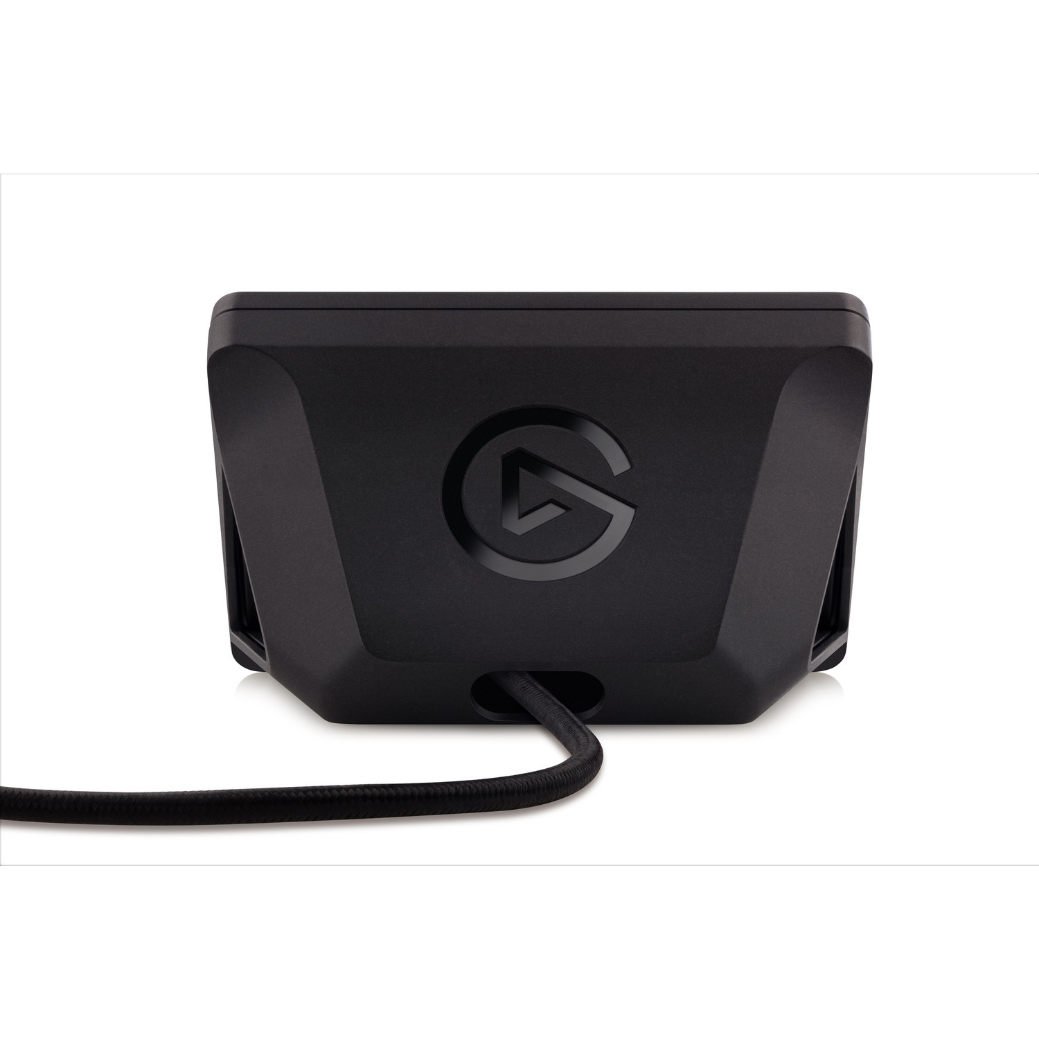 Black device with a logo and a cable.