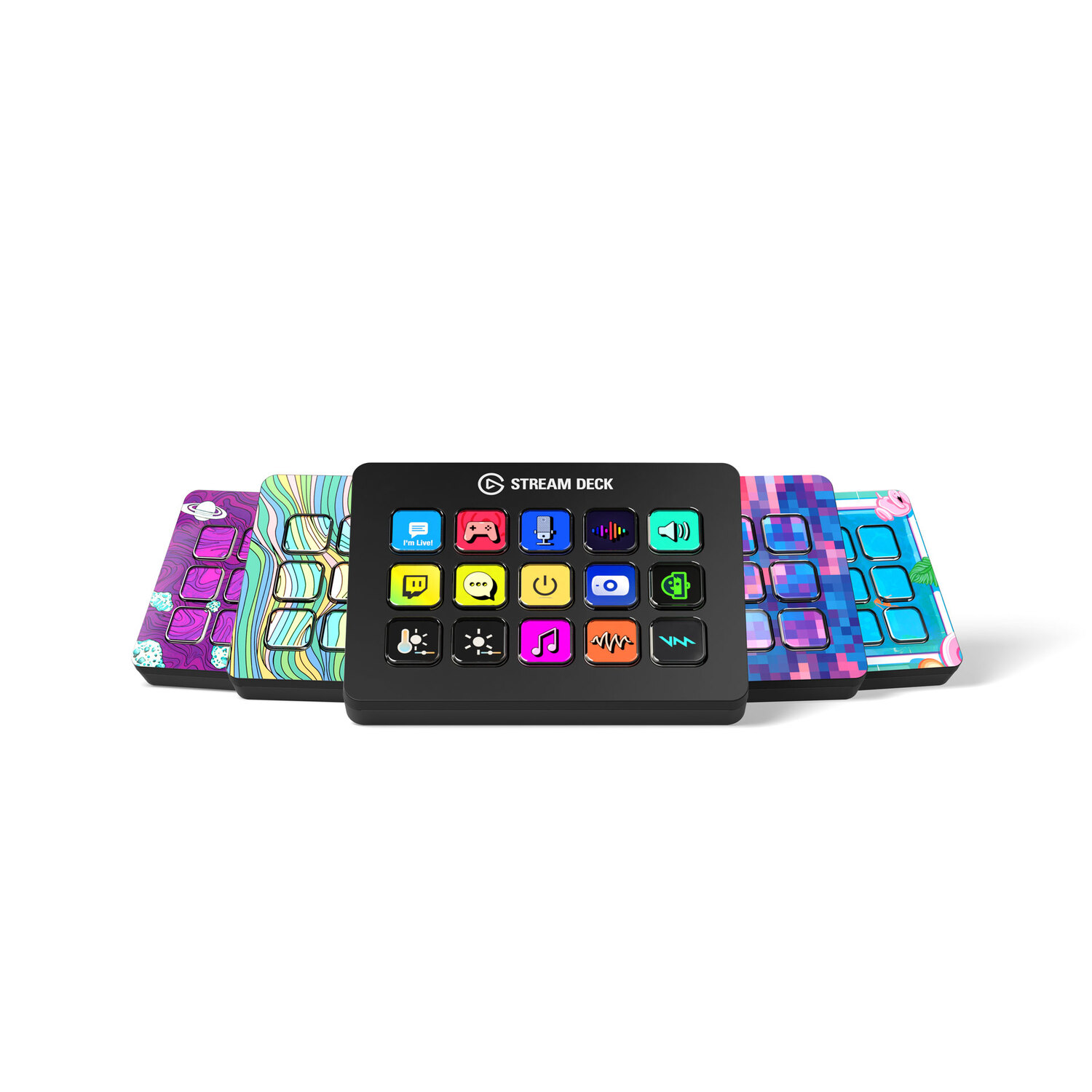 A Stream Deck device with many buttons and several different covers. The background is white.