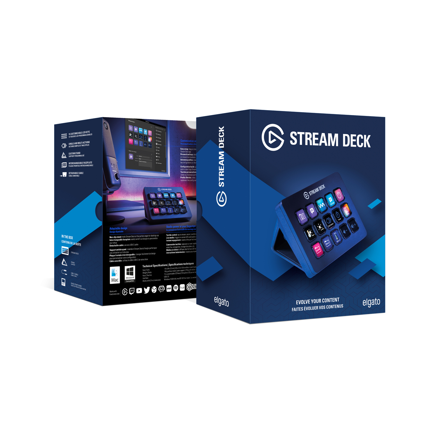Two boxes of Elgato Stream Deck are displayed. One shows the device, the other shows the back of the device.