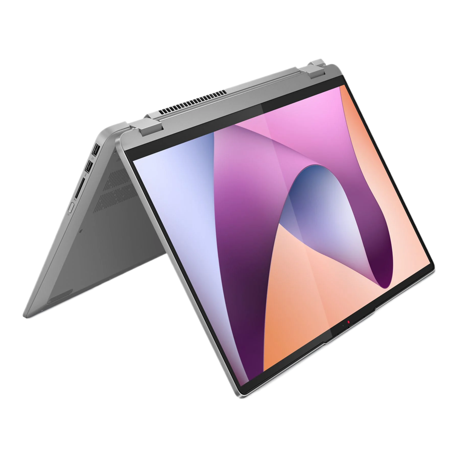 Un ordinateur portable avec un écran flexible, ouvert en angle, couleur grise, affichage rose et violet.