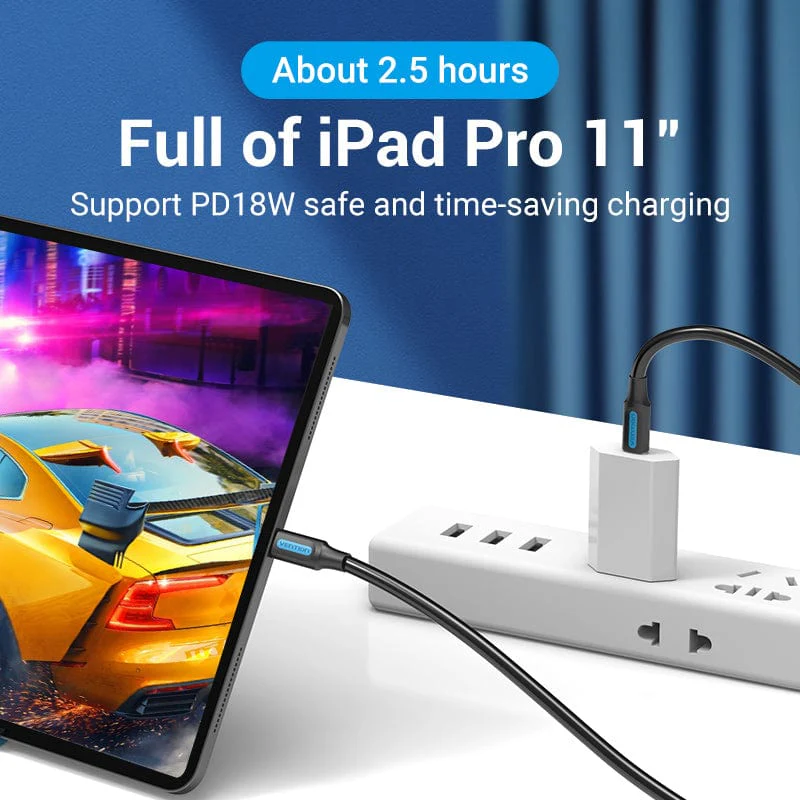 iPad Pro 11" töltése egy hosszabbítóba dugott töltővel.