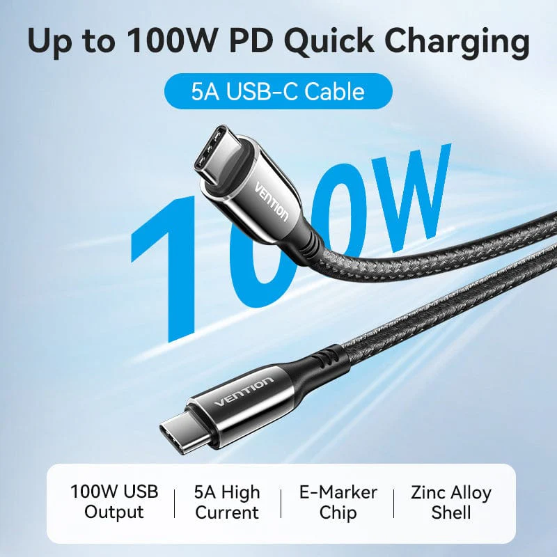 Egy USB-C kábel, amely a következő szöveget tartalmazza: "Akár 100 W PD gyors töltés" és "5A USB-C kábel". A háttér kék.