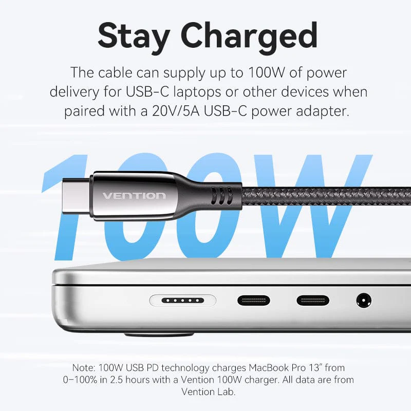 Ezüst laptop, csatlakoztatott fekete-szürke USB-C kábellel, '100W' és 'VENTION' felirattal.
