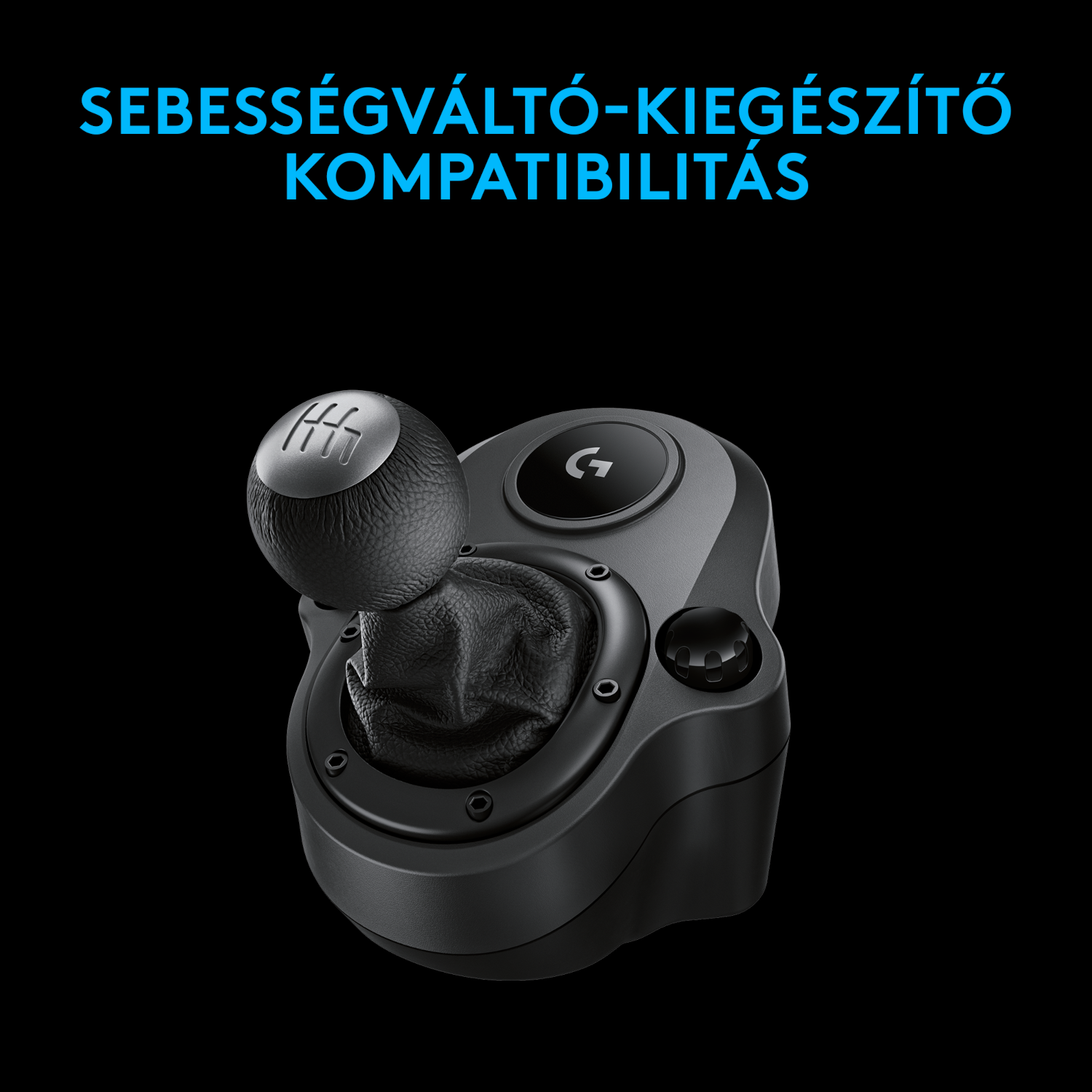 Fekete sebességváltó kiegészítő, gombbal, fekete háttéren, felül szöveggel.