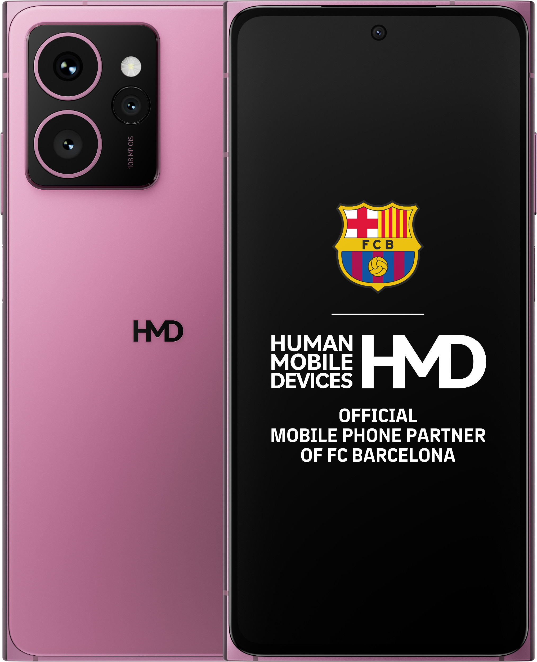 Różowy smartfon z czarnym wyświetlaczem pokazującym logo. Widoczne marki HMD i FC Barcelona.