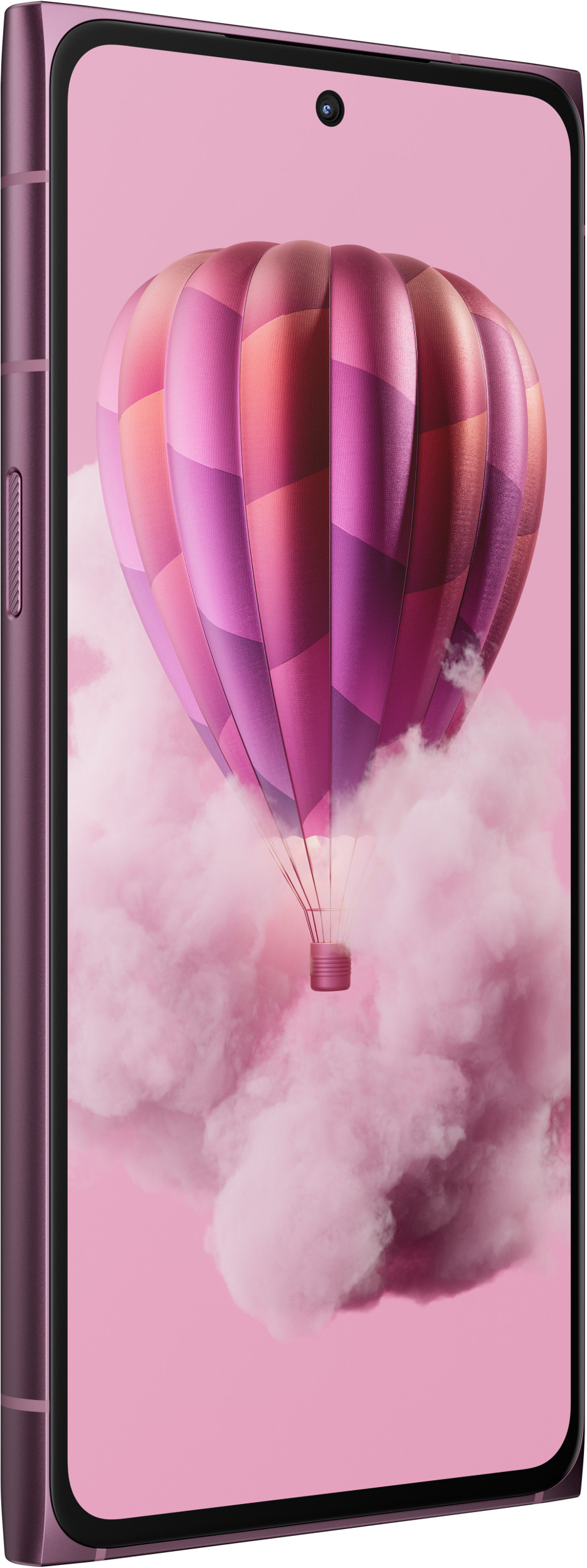 Różowy smartfon z kolorową tapetą z balonem na ogrzane powietrze.