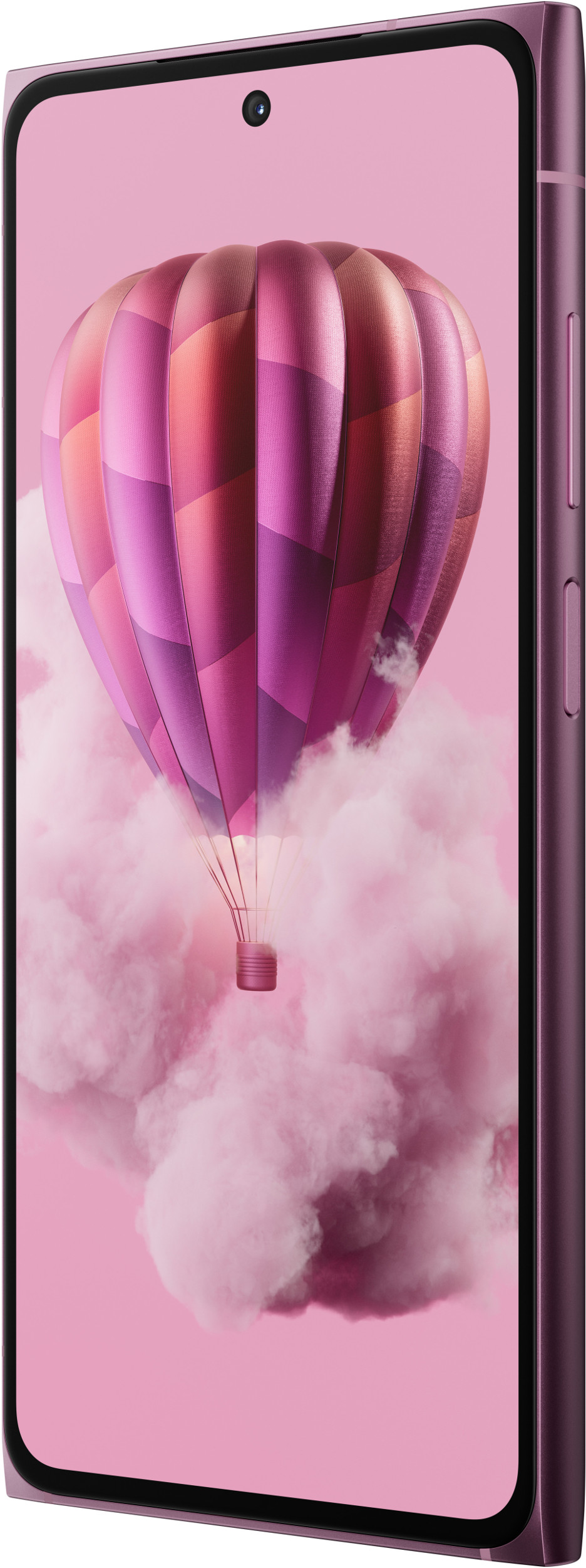 Różowy telefon z balonem na ekranie. Telefon jest w różowym etui.