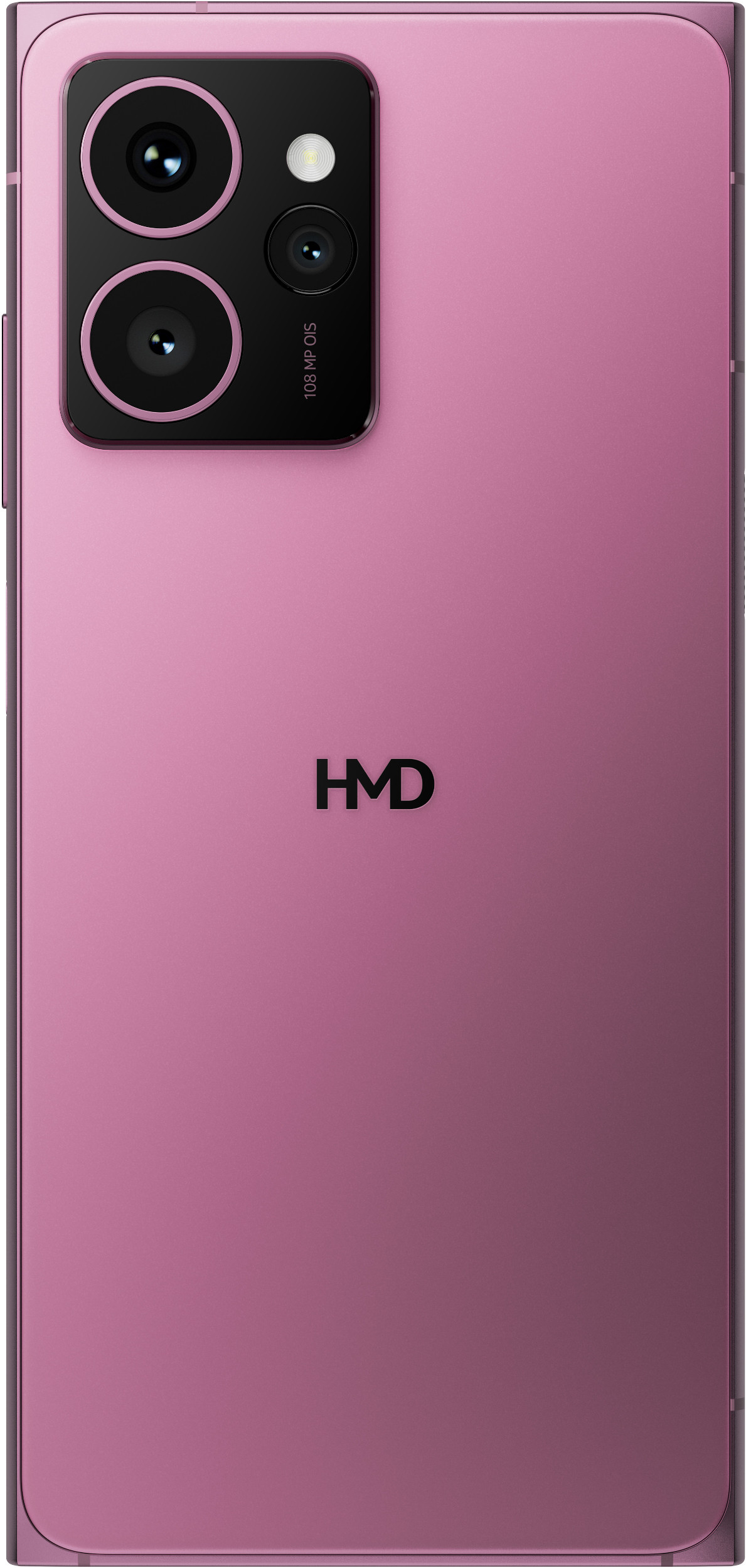 Widok z tyłu różowego telefonu z modułem aparatu i logo HMD.