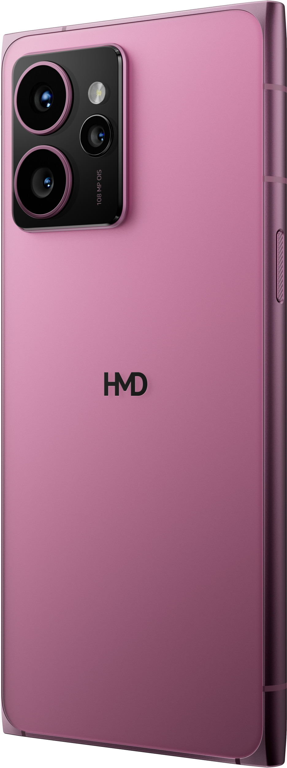 Tył różowego telefonu z modułem aparatu i logo HMD.