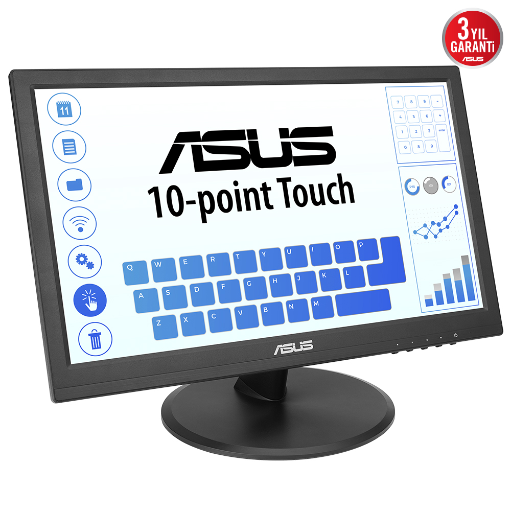 Siyah ASUS monitör, 10 noktalı dokunmatik, dokunmatik ekran klavyesi ve simgelerle.