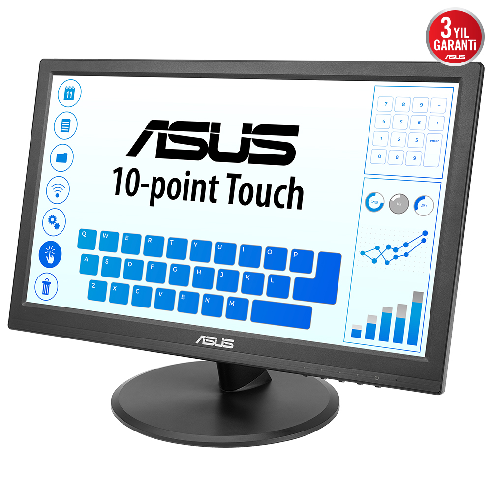 ASUS logolu siyah bilgisayar monitörü, ekran üzerinde klavye düzeni ve sayısal tuş takımı, beyaz zemin.