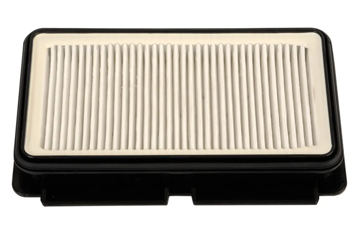 Prostokątny filtr powietrza z białym elementem plisowanym i czarną ramką.