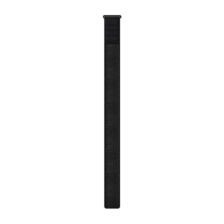 Schwarzes Apple Watch-Armband, vertikal vor weißem Hintergrund.