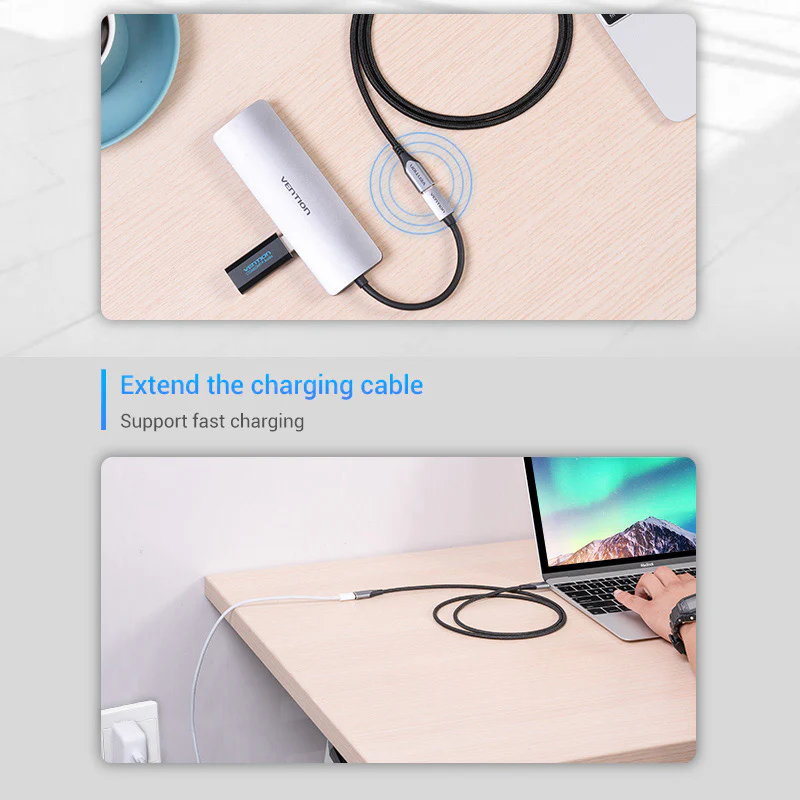 Két kép egy töltőkábelt mutat, amely egy fehér adaptert csatlakoztat egy laptophoz. Szöveg: Hosszabbítsa meg a töltőkábelt.