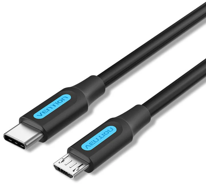 Fekete USB-C - Micro USB kábel kék márkajelzéssel.