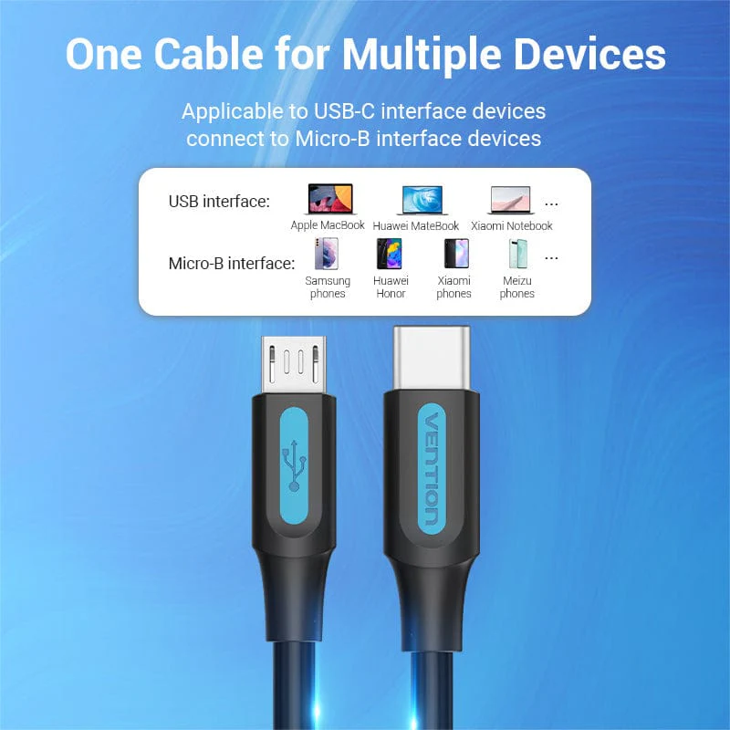 Két USB-C - Micro-B kábel, egy grafikával, amely kompatibilis eszközöket mutat, mint például a MacBook, Huawei és Samsung.