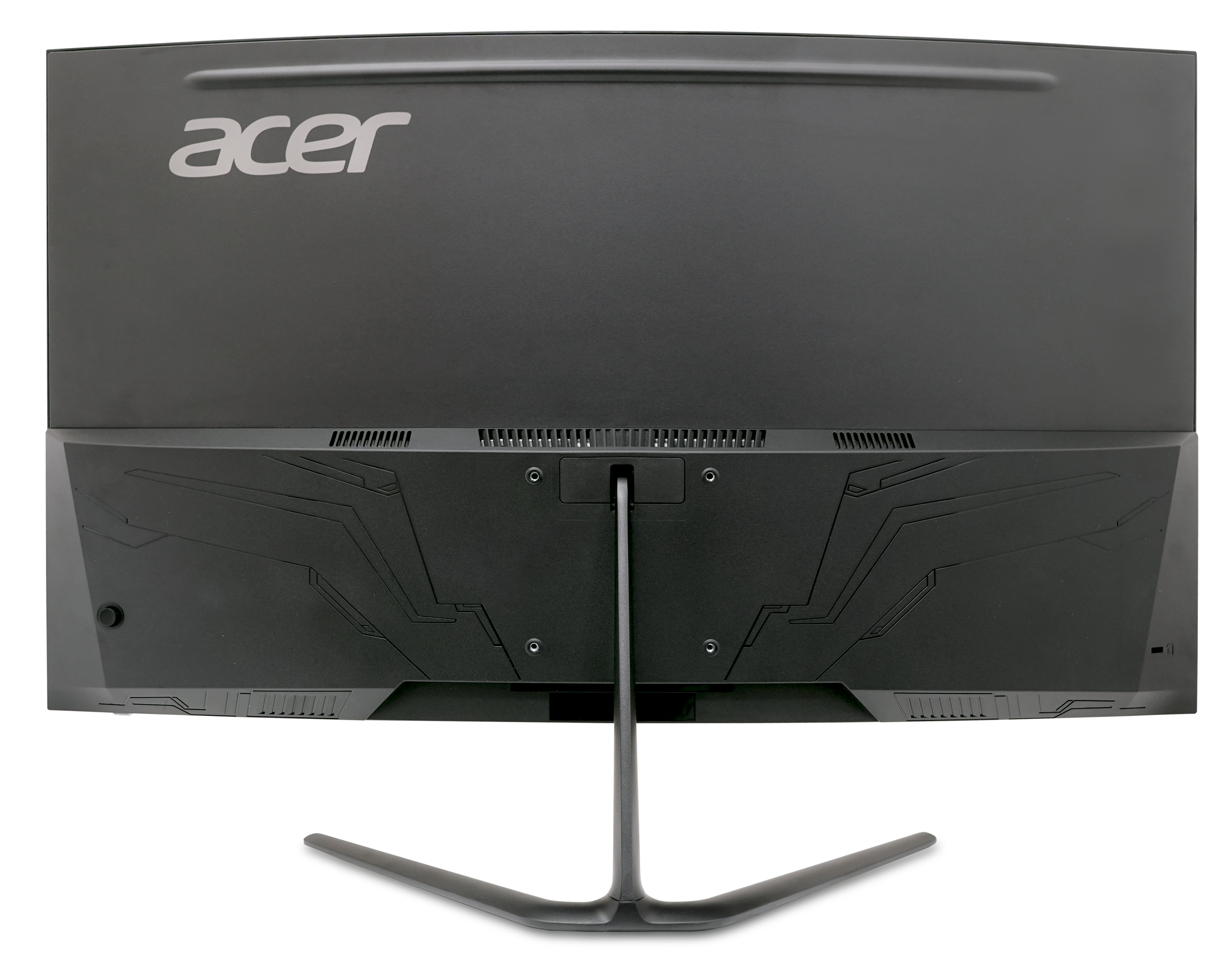 Rückansicht eines schwarzen Acer-Monitors mit Ständer und weißem Hintergrund.
