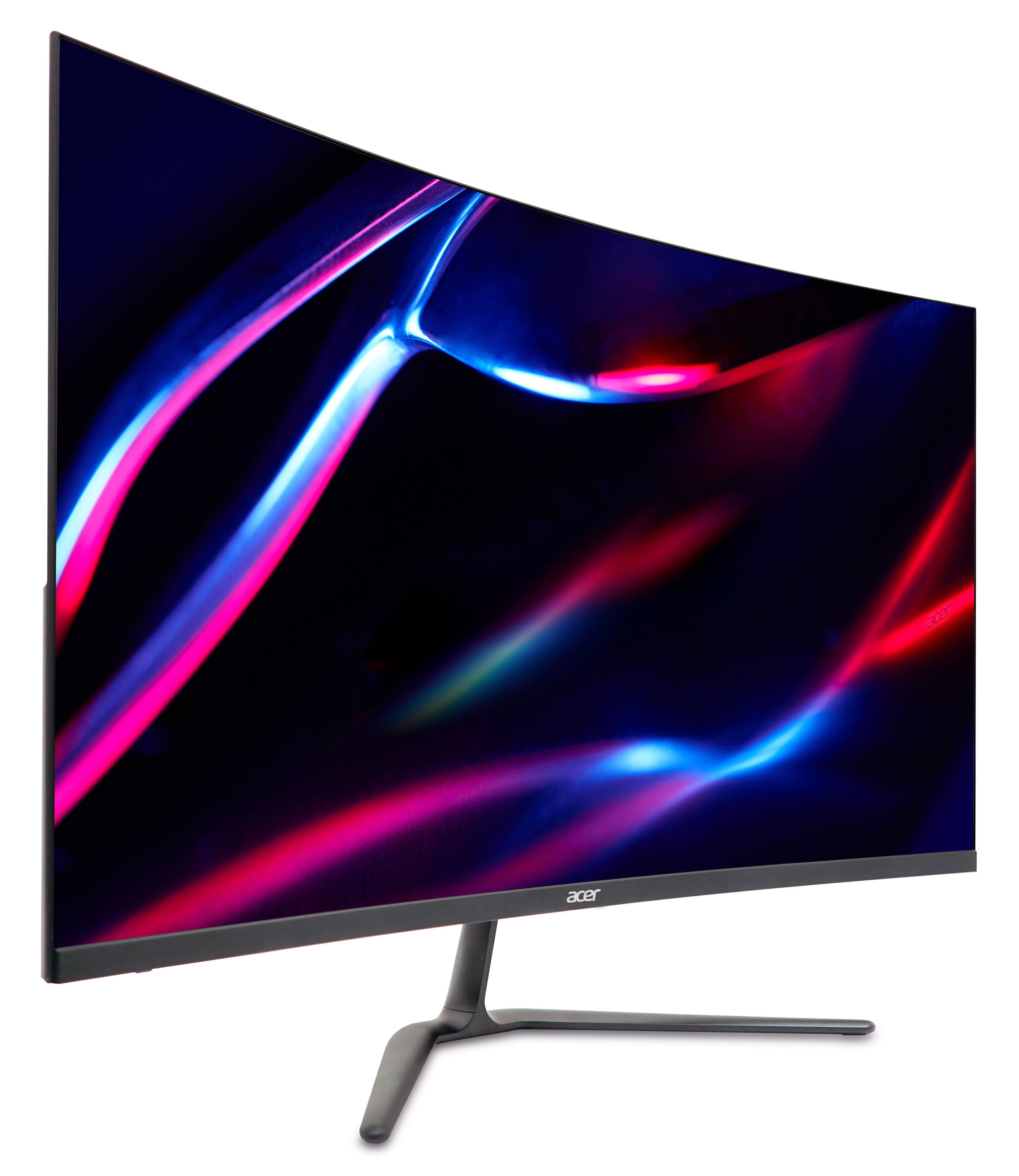 Gebogener Acer-Monitor mit lebendigem Bildschirm, der abstrakte blaue und rosa Farben zeigt.