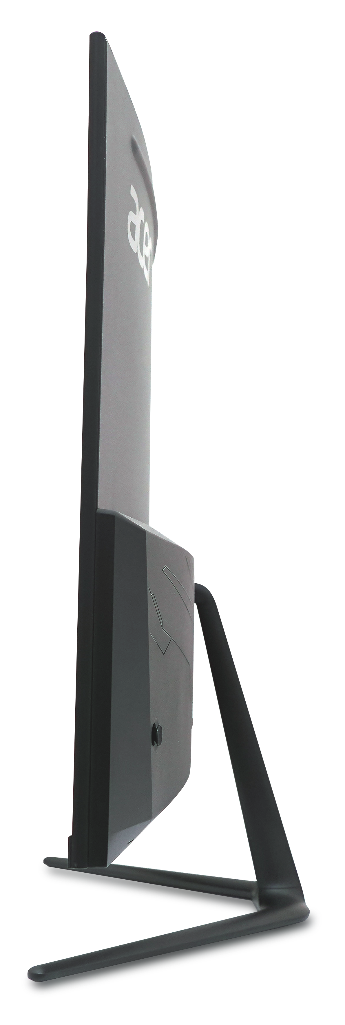 Seitenansicht eines grauen Computermonitors. Der Bildschirm ist dünn und hat einen Ständer. Das Acer-Logo ist sichtbar.