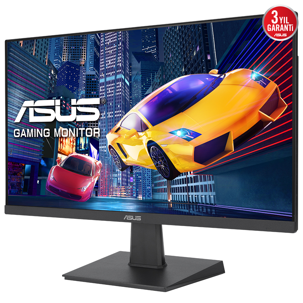 Siyah ASUS oyun monitörü, şehir sahnesinde yarış arabalarını gösteriyor.