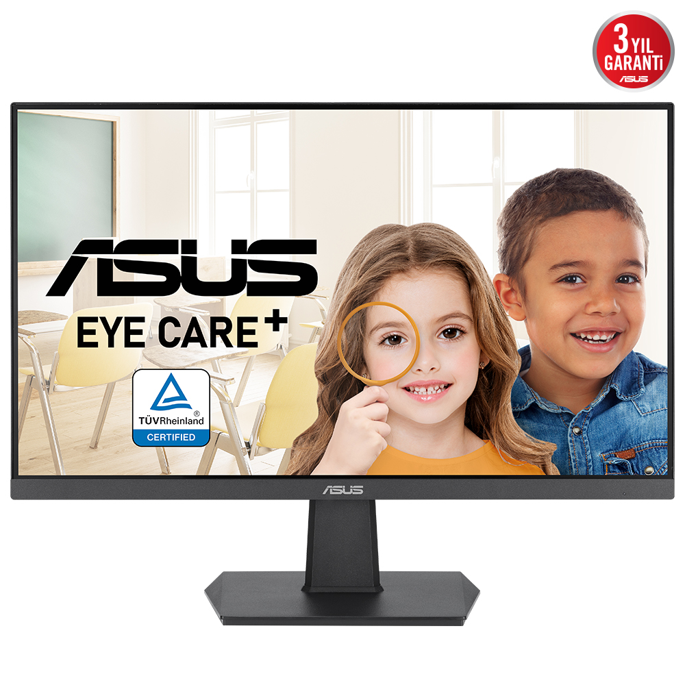 ASUS logolu bir bilgisayar monitörü, iki çocuk ve EYE CARE+ metni.