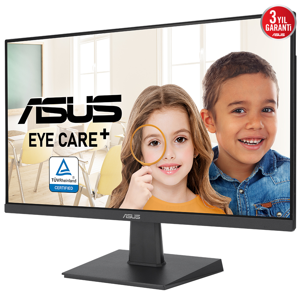 Çocuklarla monitör, ASUS logosu, göz bakımı ve TÜV sertifikalı logo.