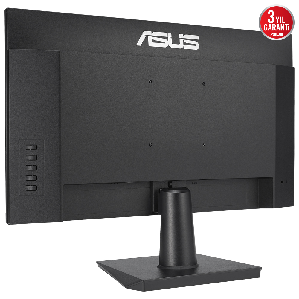Siyah bir ASUS monitörün arkası. ASUS logosu üstte, 3 yıllık garanti etiketi ile.