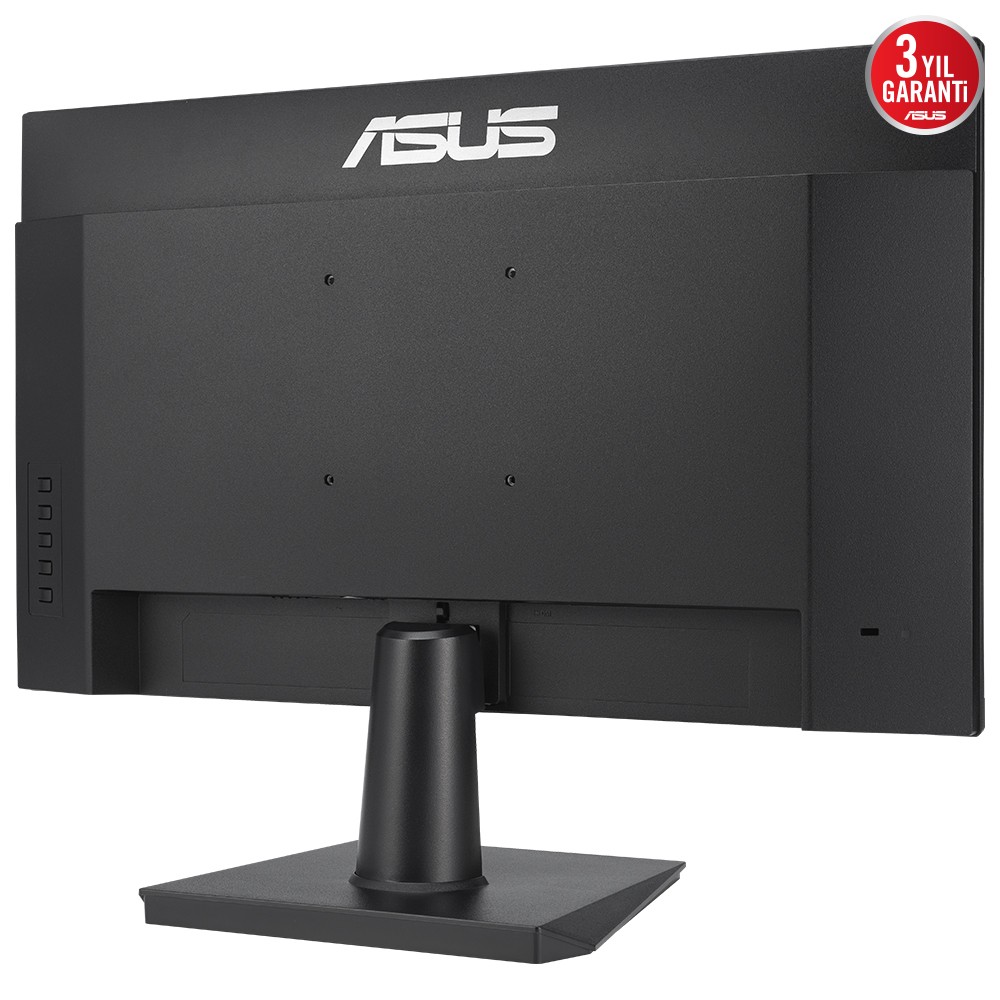 ASUS logosu bulunan, standlı siyah bir bilgisayar monitörünün arka görünümü.