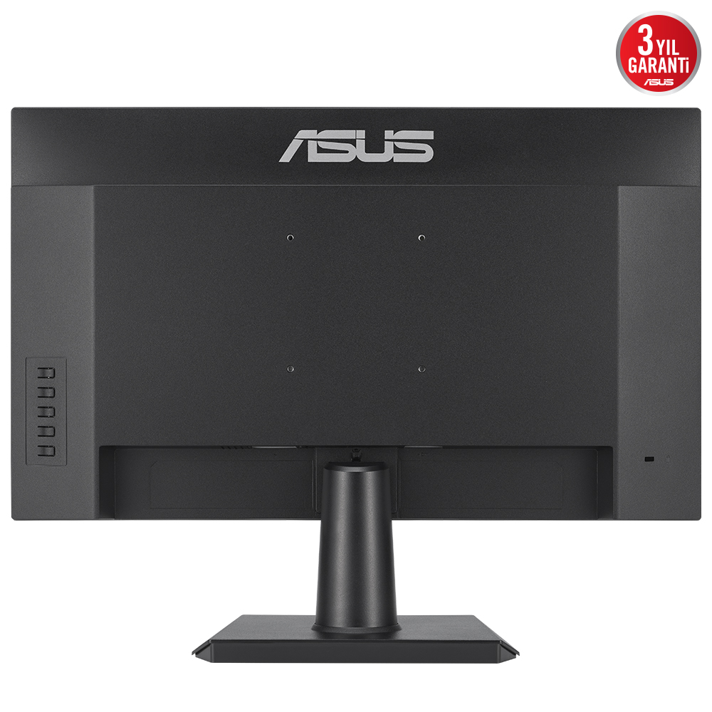 ASUS logosu ve 3 yıl garanti etiketi bulunan siyah bir monitörün arka görünümü.