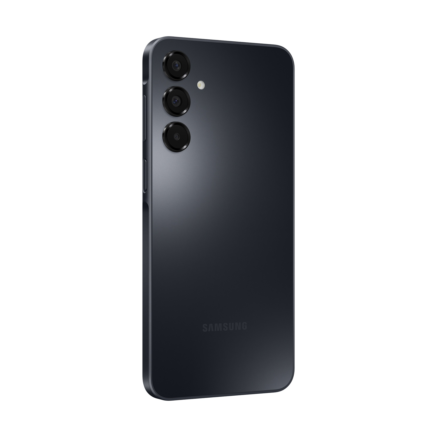 Telefono Samsung nero con tre fotocamere posteriori. Logo Samsung visibile.