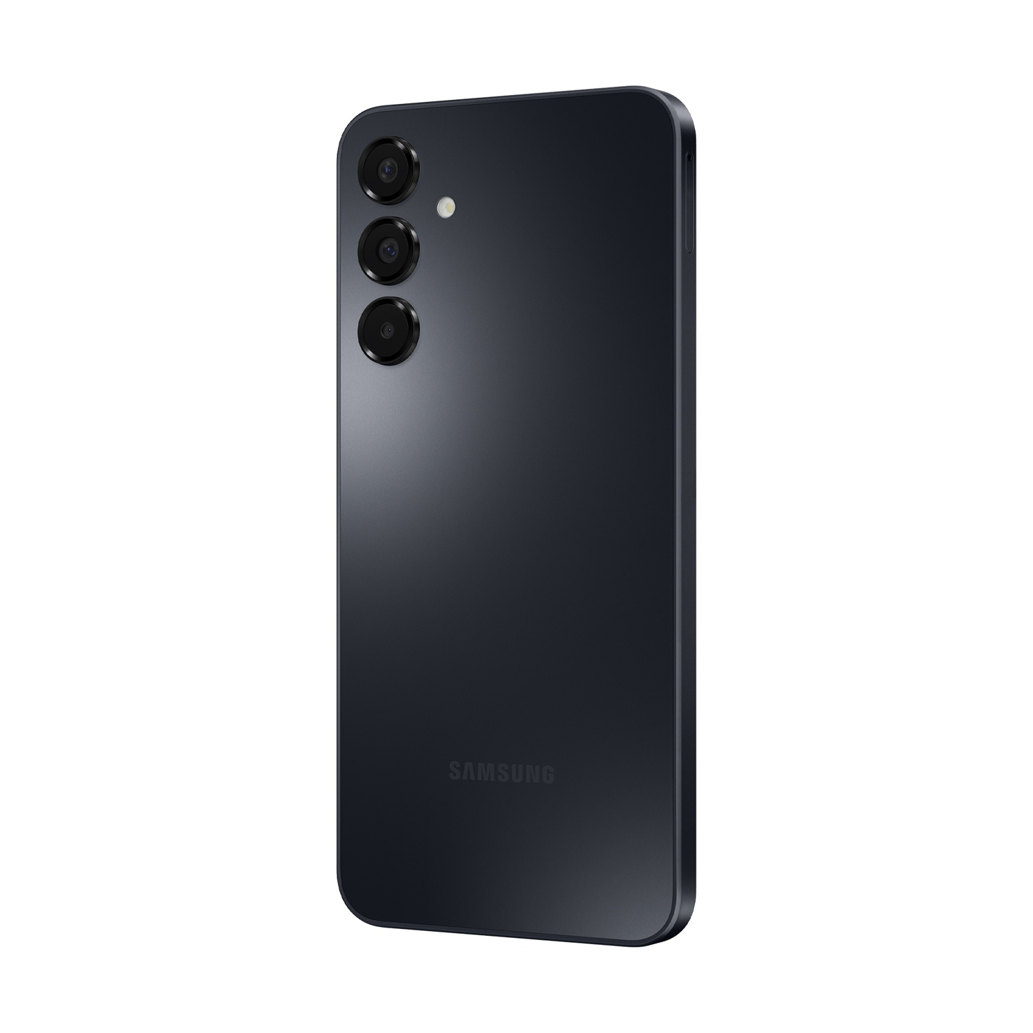 Telefono Samsung nero, tre fotocamere, vista posteriore, con sfondo nero.