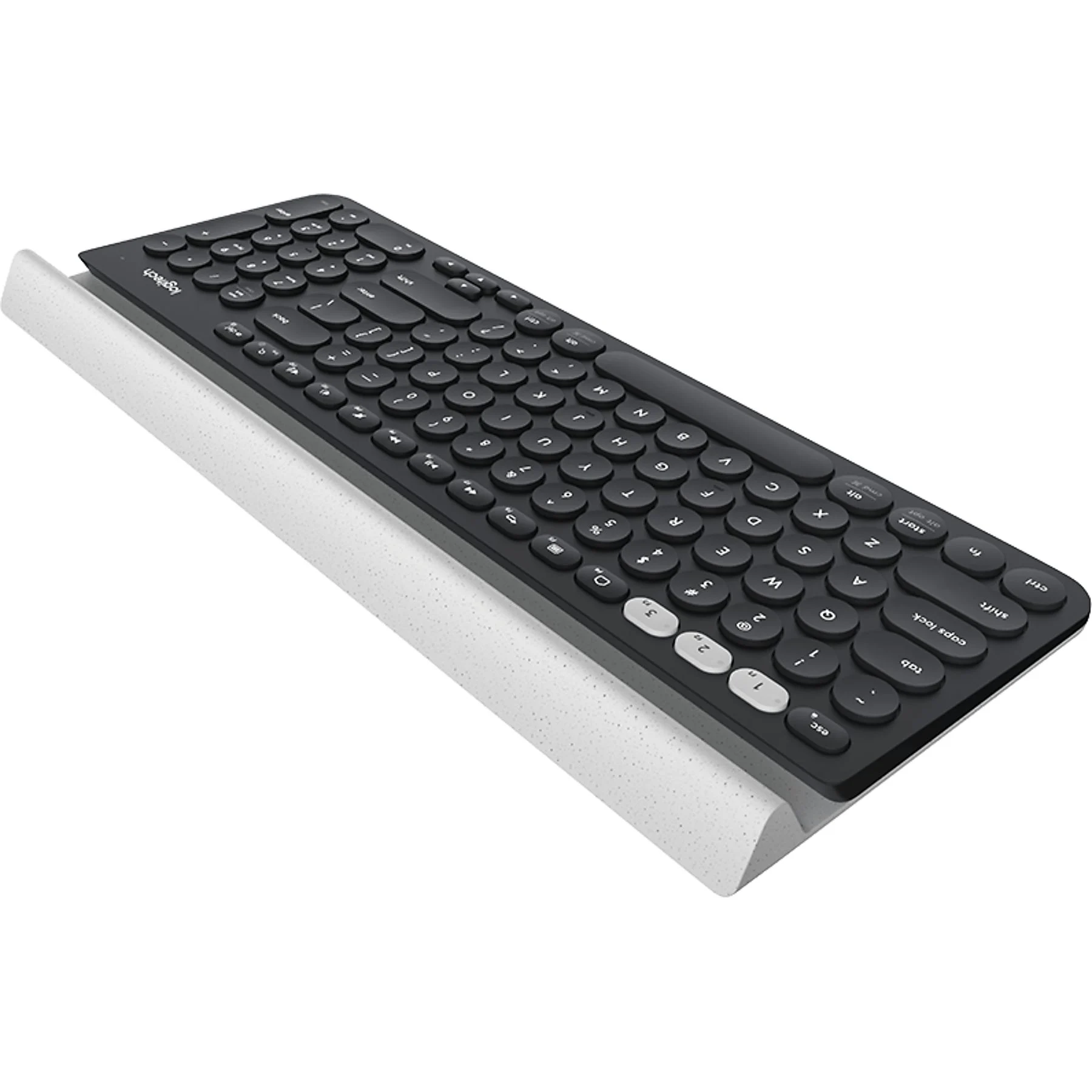 Schwarze Tastatur mit weißer Handballenauflage. Die Tastatur ist leicht angewinkelt.