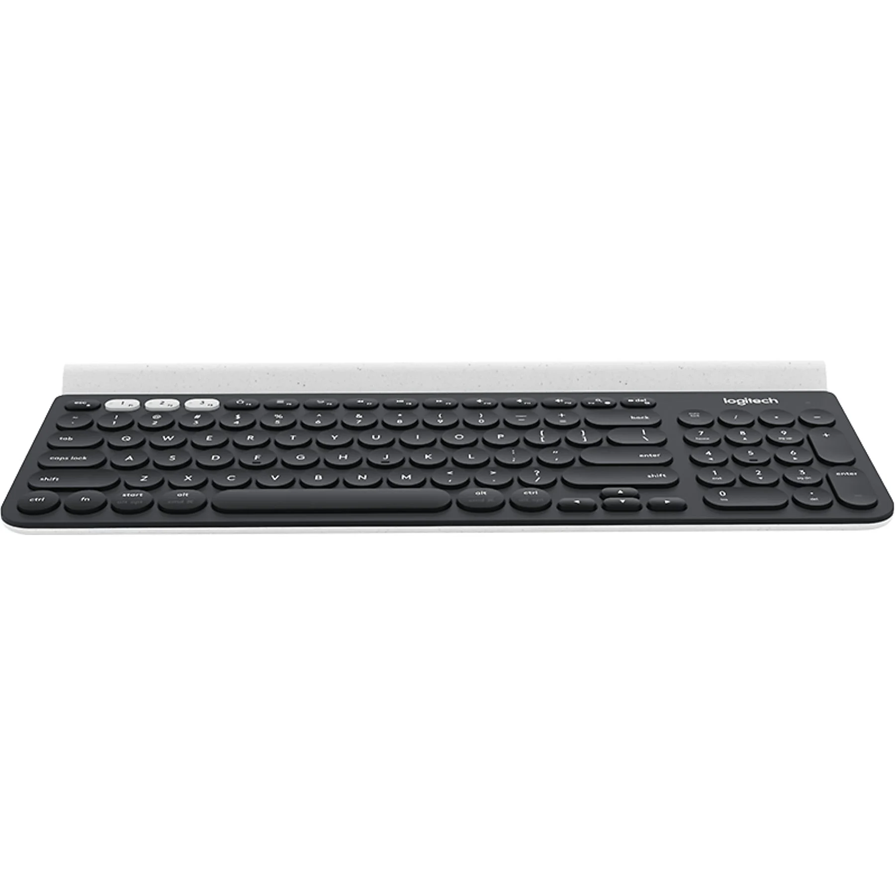 Eine schwarz-weiße kabellose Tastatur mit einem weißen Balken oben.