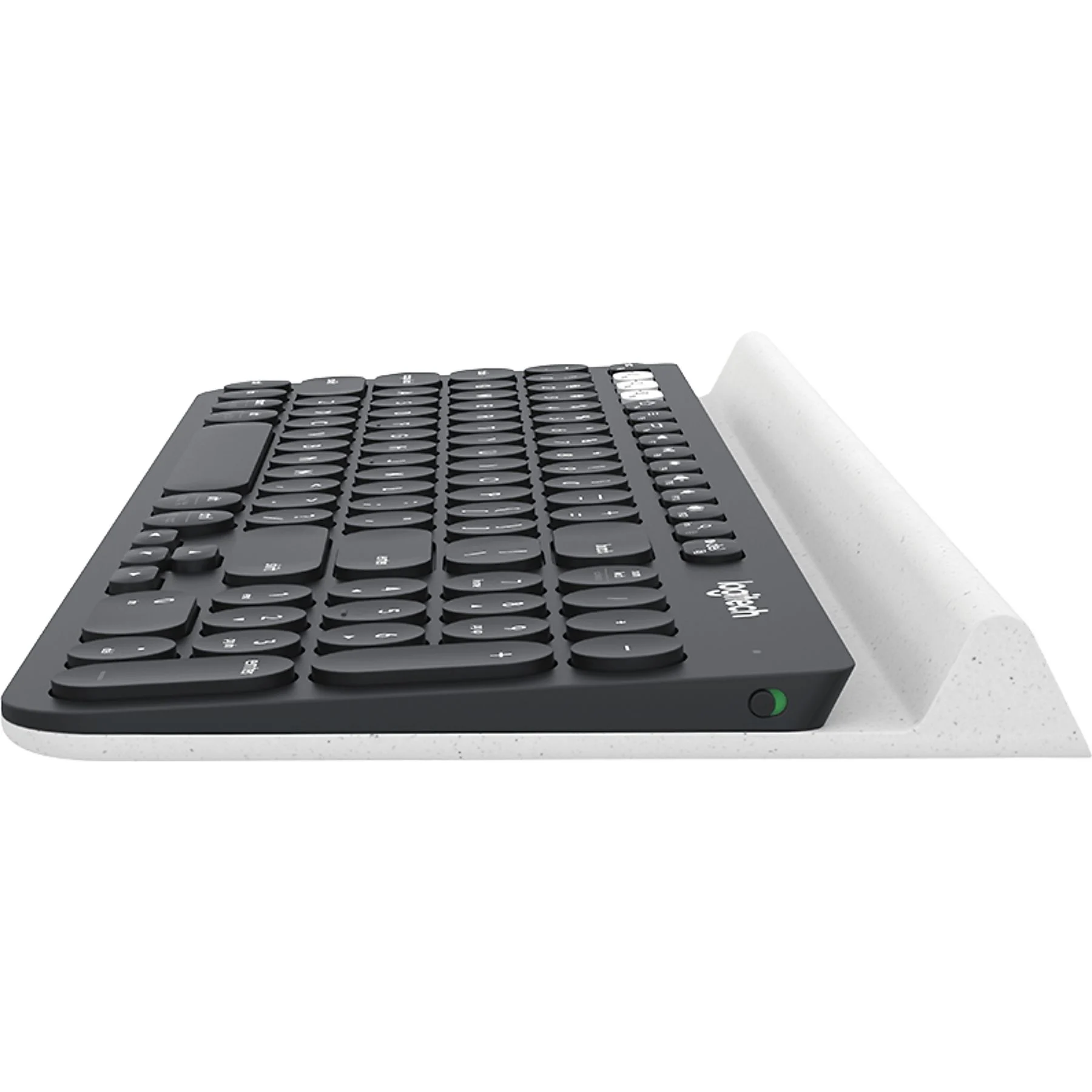 Schwarze Tastatur mit weißem Ständer. Die Tastatur ist nach oben abgewinkelt.