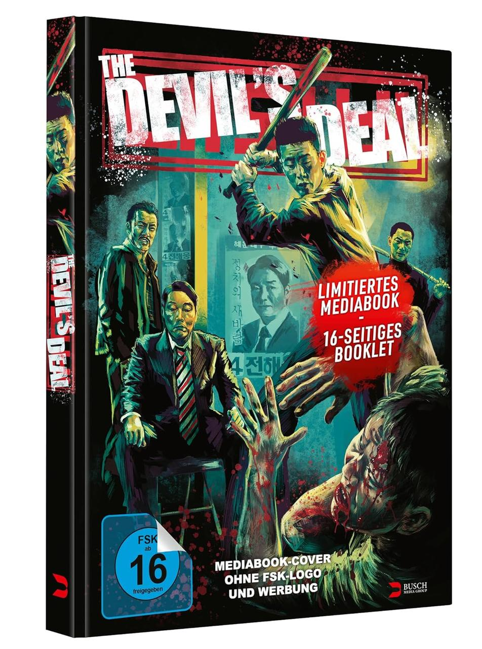 Filmcover: 'The Devil's Deal', koreanische Schauspieler, blutige Hand, Baseballschläger, rote und blaue Farbtöne.