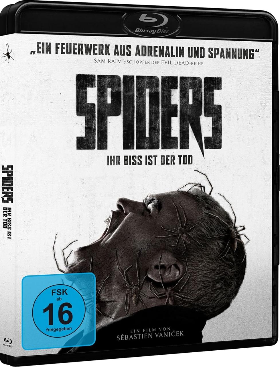 DVD-Cover des Films Spiders. Ein Mann mit Spinnen, die auf seinem Kopf krabbeln, schreit.