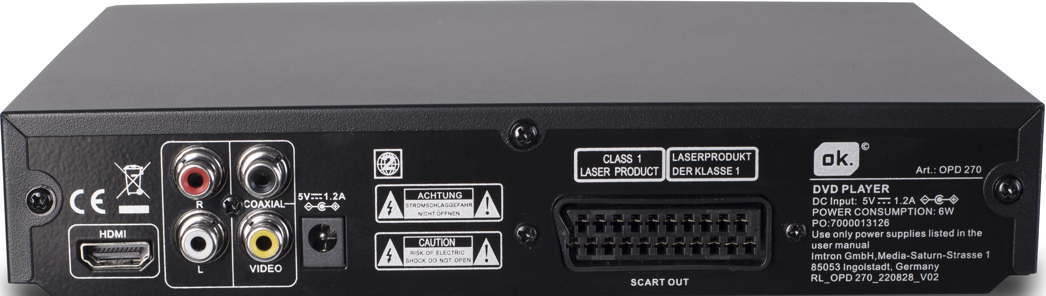 Vue arrière d'un lecteur DVD montrant les ports HDMI, Scart, Vidéo, Audio et alimentation.
