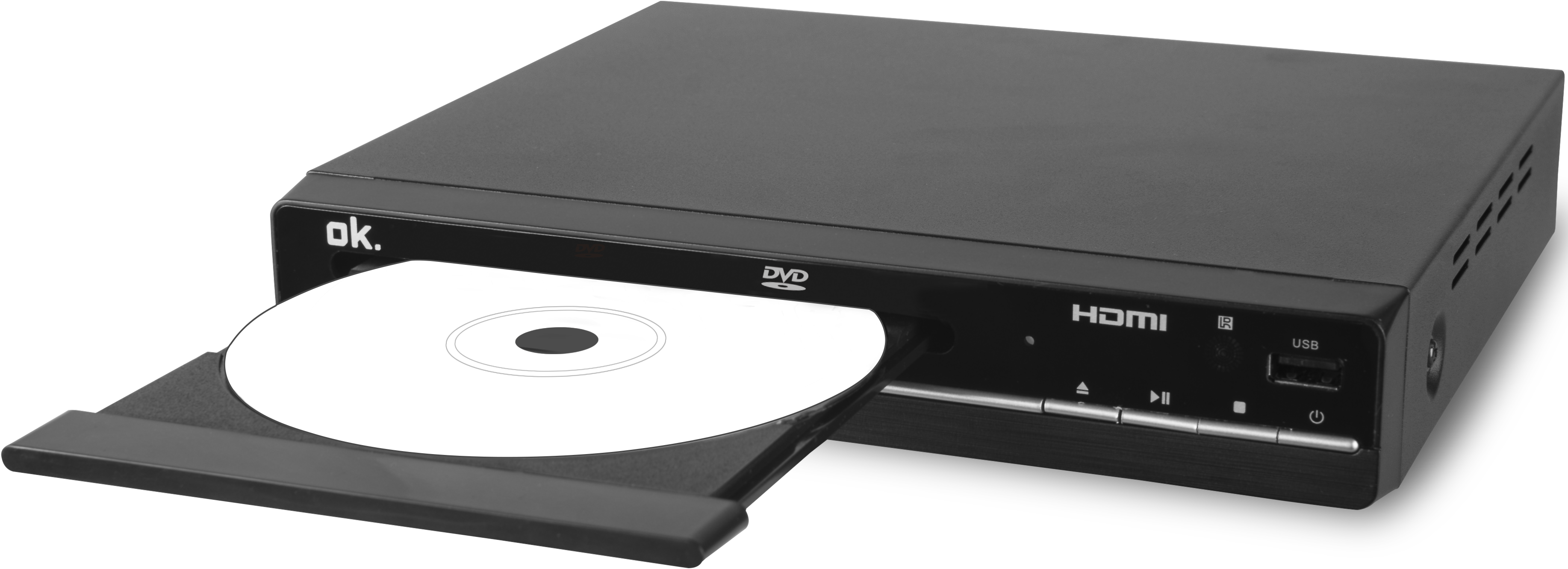 Lecteur DVD noir avec disque blanc inséré et tiroir sorti.