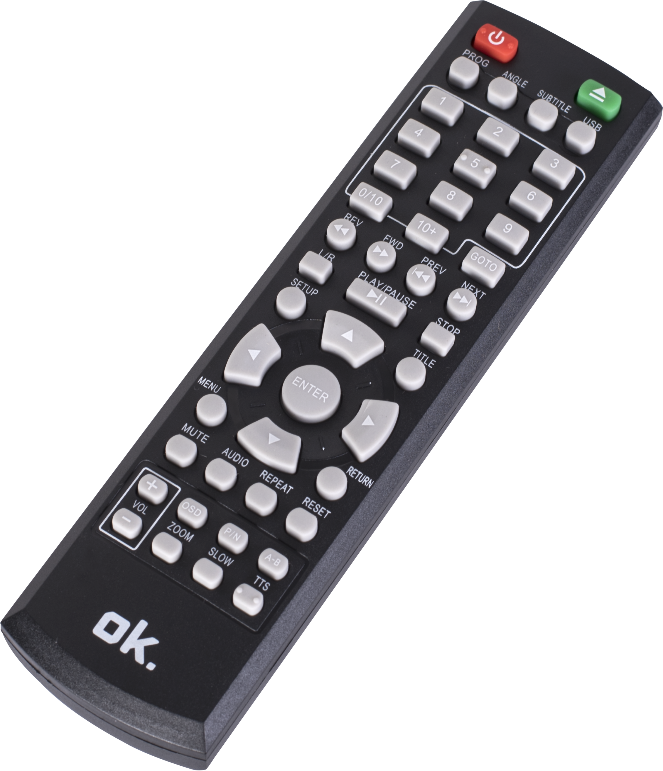 Télécommande noire avec boutons blancs et symboles sur fond noir.