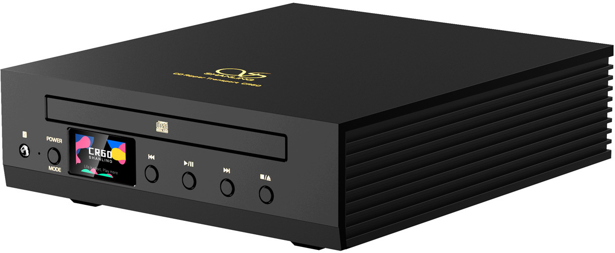 Ein schwarzer CD-Player mit einem Bildschirm, der Songinformationen und Bedienelemente anzeigt.
