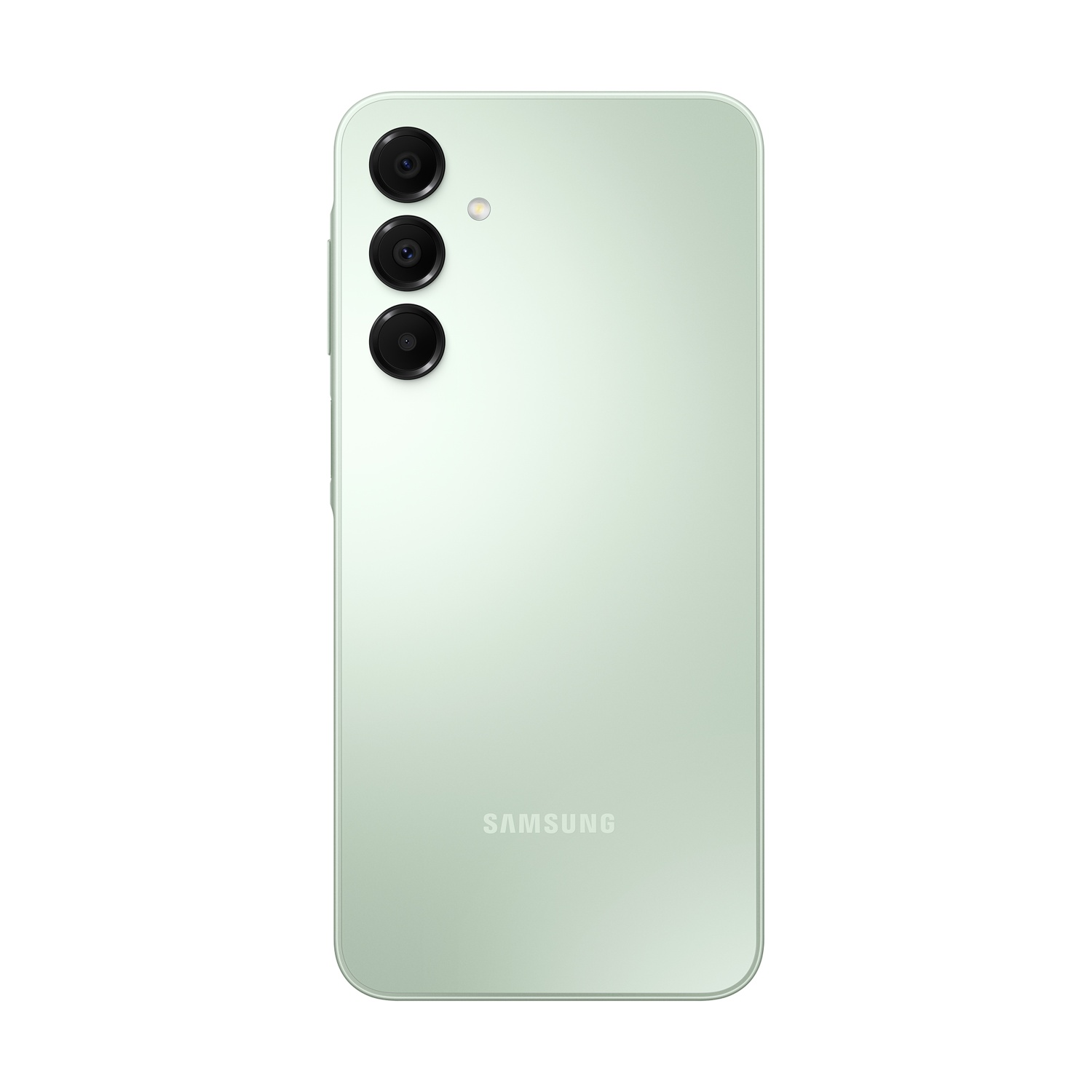 Uno smartphone Samsung verde menta con tre fotocamere posteriori, isolato su sfondo bianco.