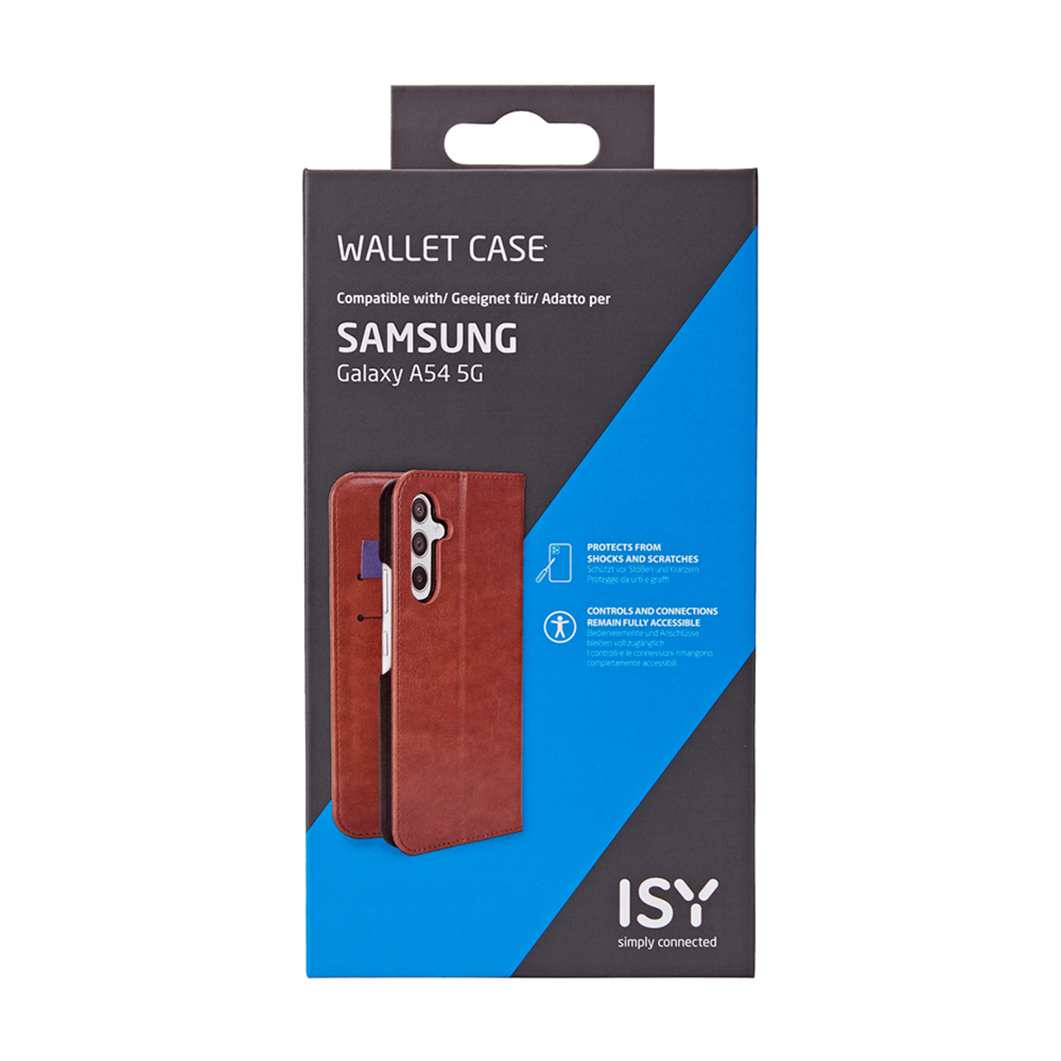 Smartphone case box. Brown wallet case inside. Text in multiple languages, ISY brand logo.