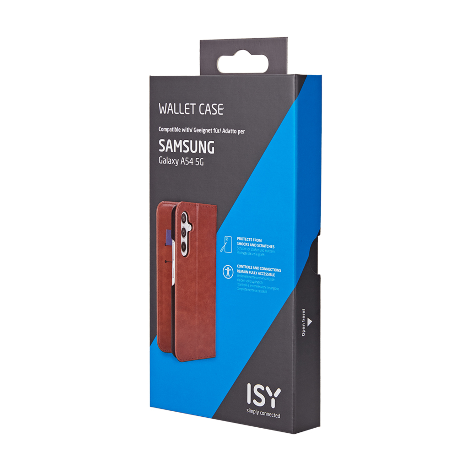A wallet case box for a Samsung Galaxy A54 5G, brown case shown in box.