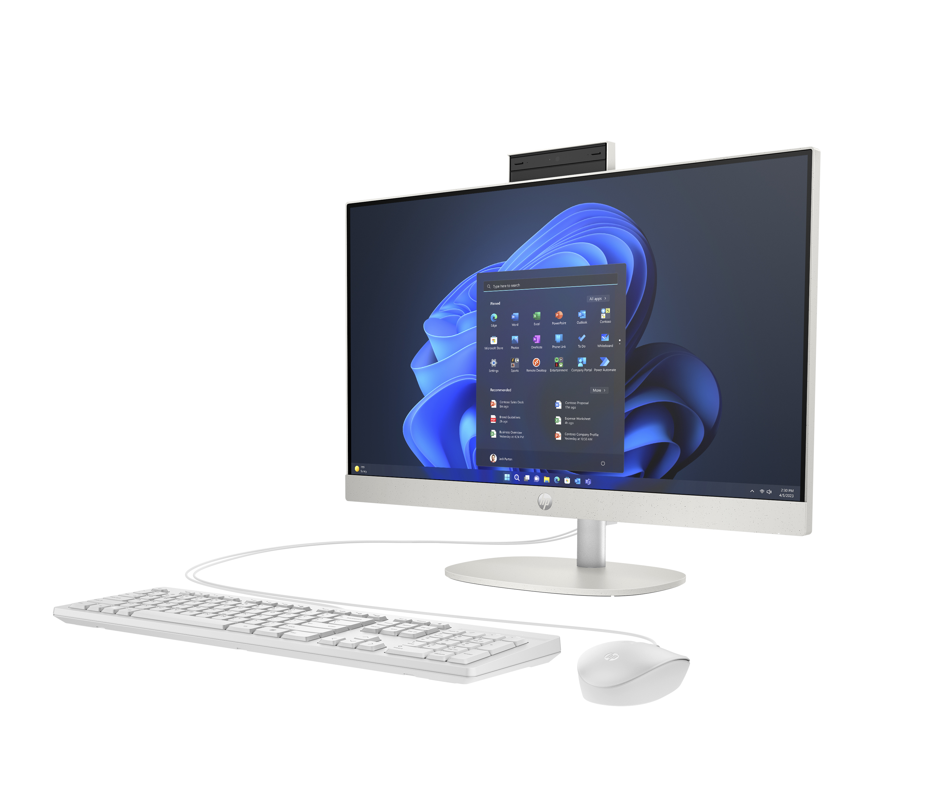 Beyaz HP hepsi bir arada bilgisayar, klavye, fare ve web kamerası.