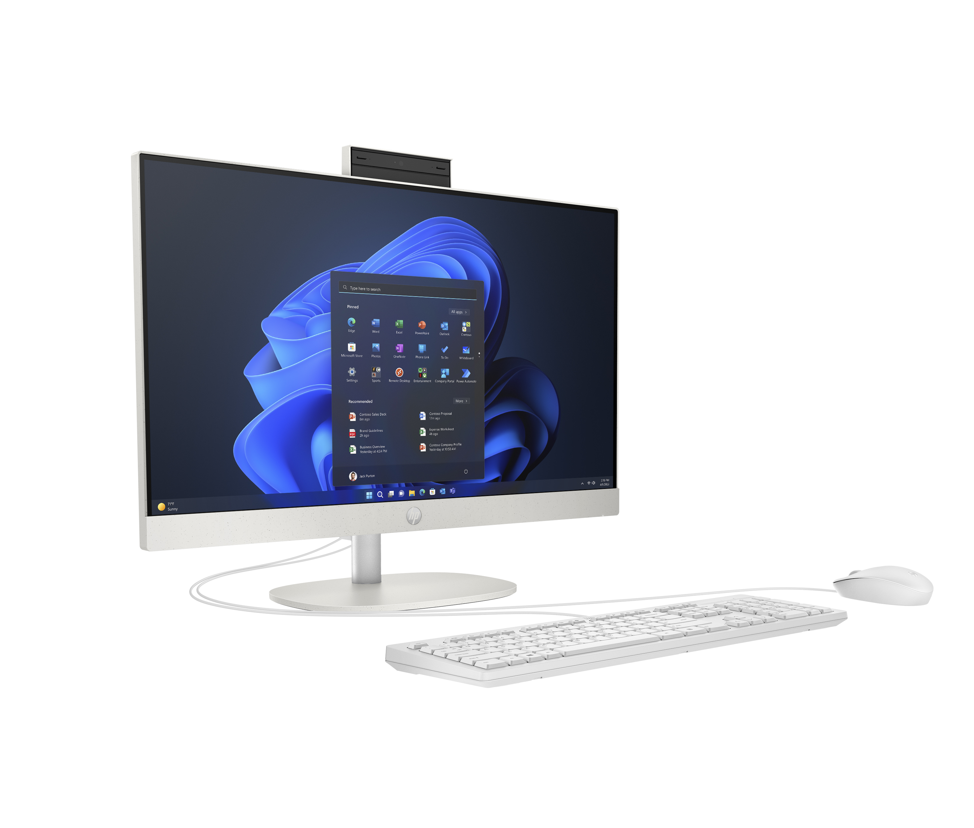 Monitör, klavye ve fare ile beyaz HP hepsi bir arada bilgisayar kurulumu.