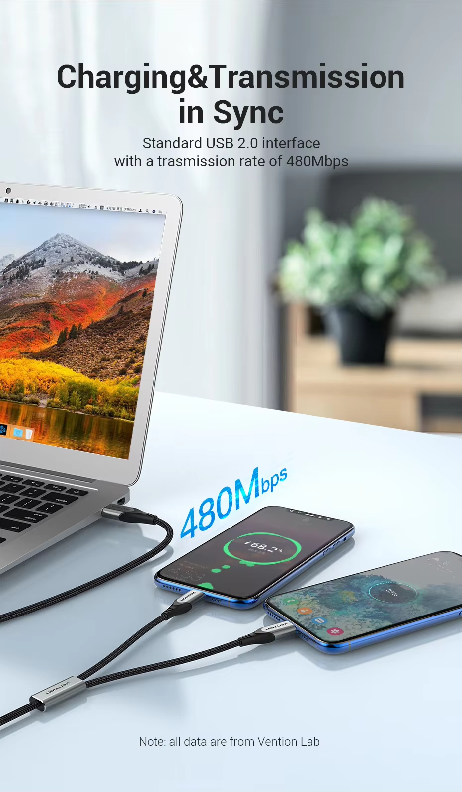 Laptop két telefonhoz csatlakoztatva, töltés. A képernyő 68,2%-ot mutat az egyiken, és egy színes felhasználói felületet.