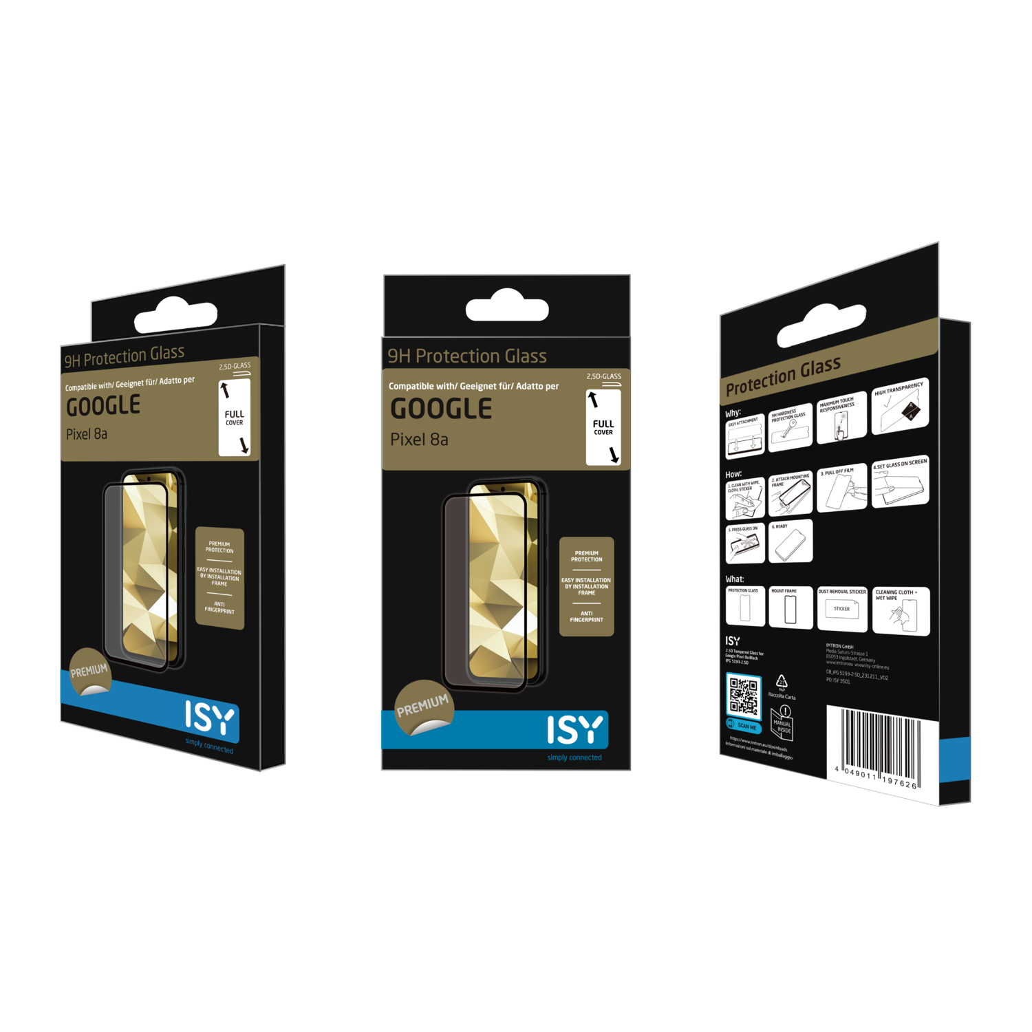 Three boxes of Google Pixel 8a screen protectors, showing packaging and instructions.