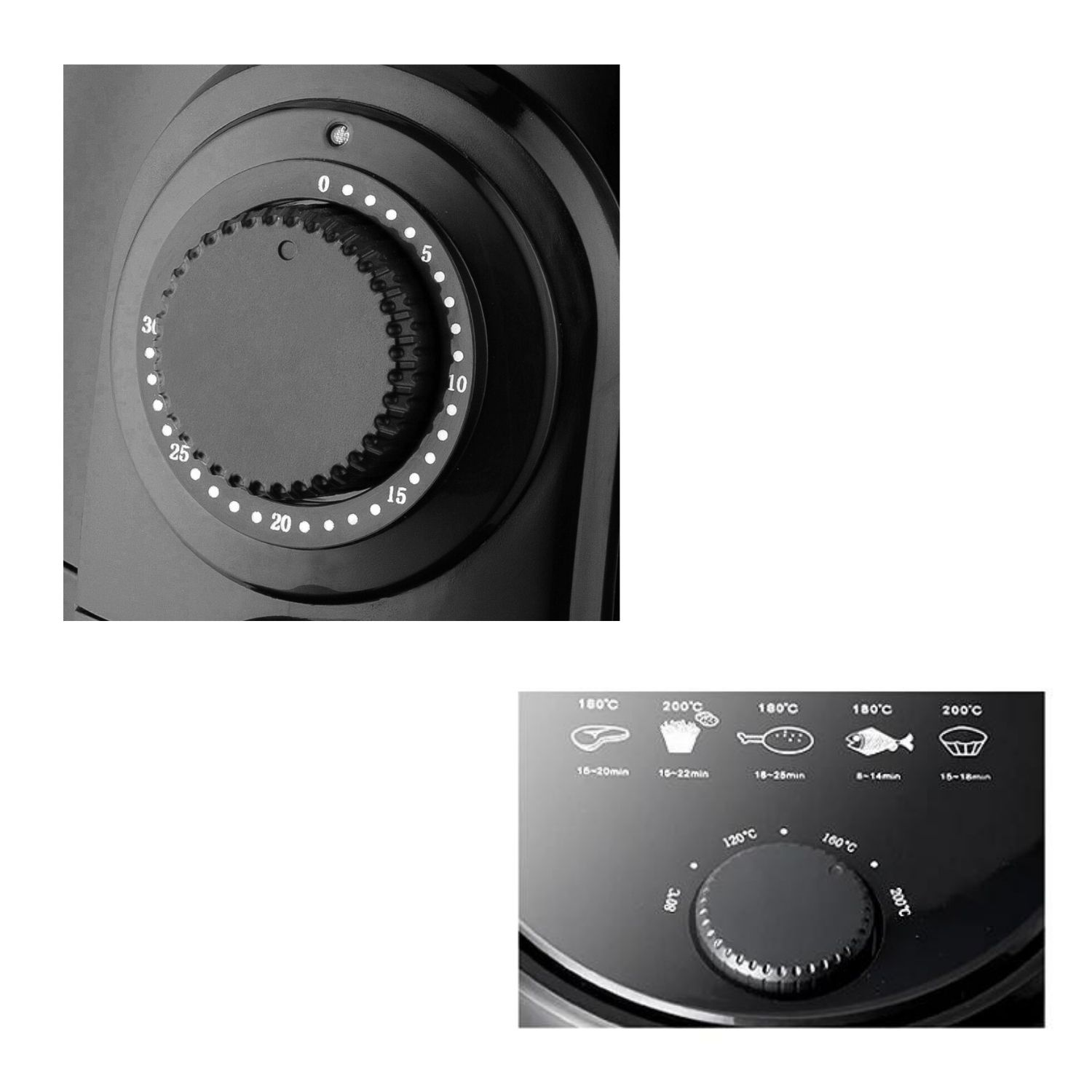 Zbliżenie czarnego panelu sterowania frytkownicy powietrznej z timerem i pokrętłem temperatury.