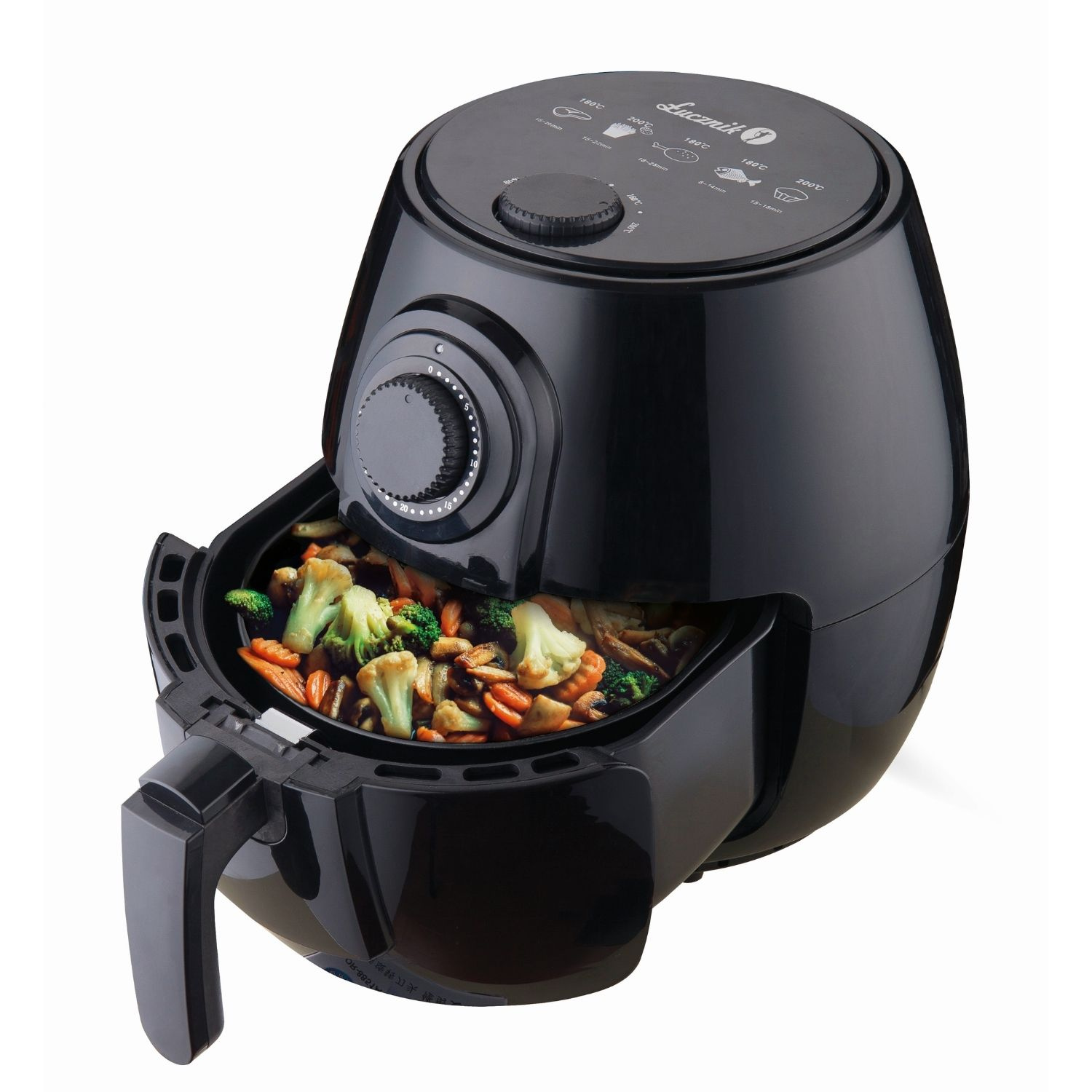 Czarna frytkownica powietrzna z otwartym koszem pełnym warzyw.