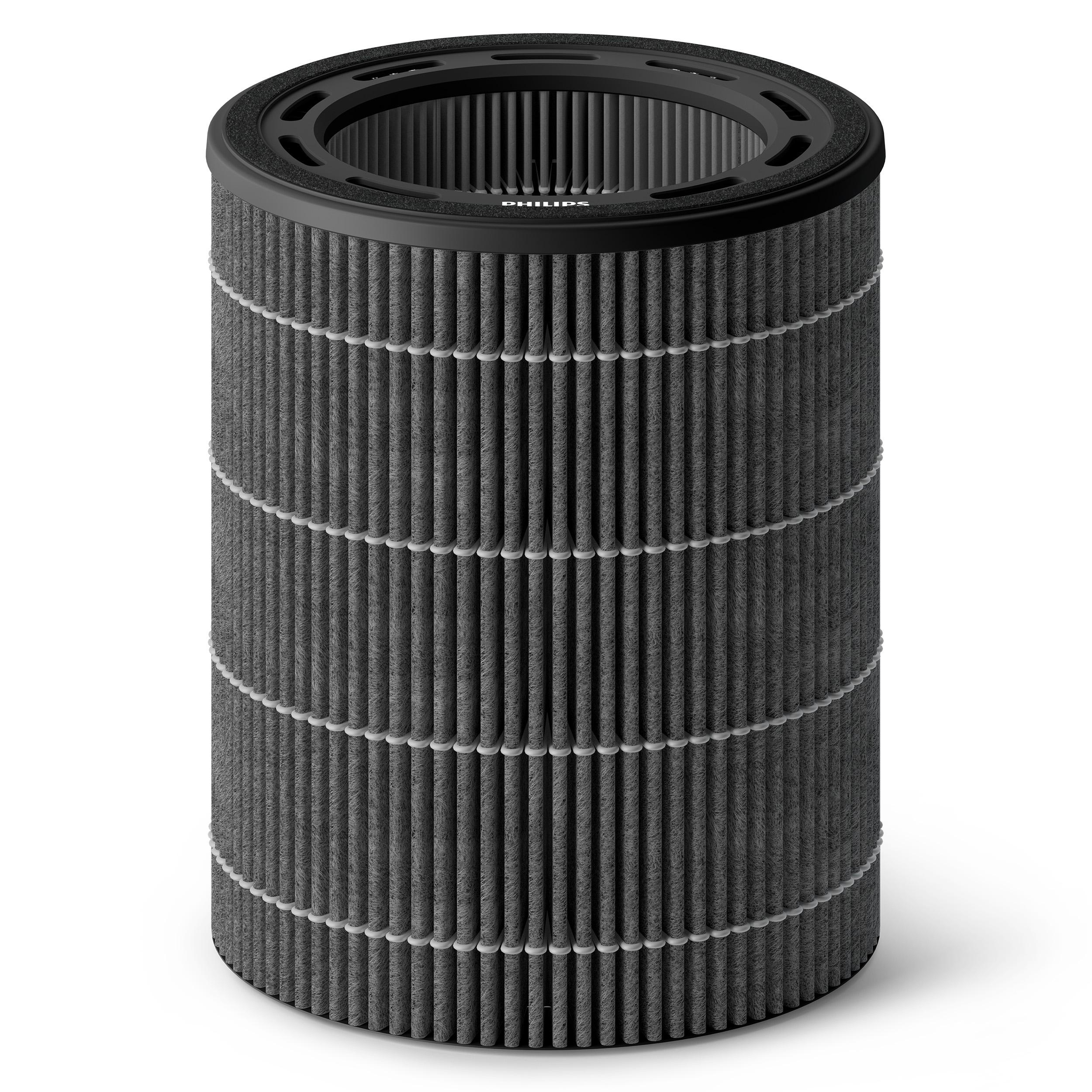 Zylindrischer Luftfilter. Er hat einen schwarzen oberen und unteren Teil mit einem grauen Filter in der Mitte.